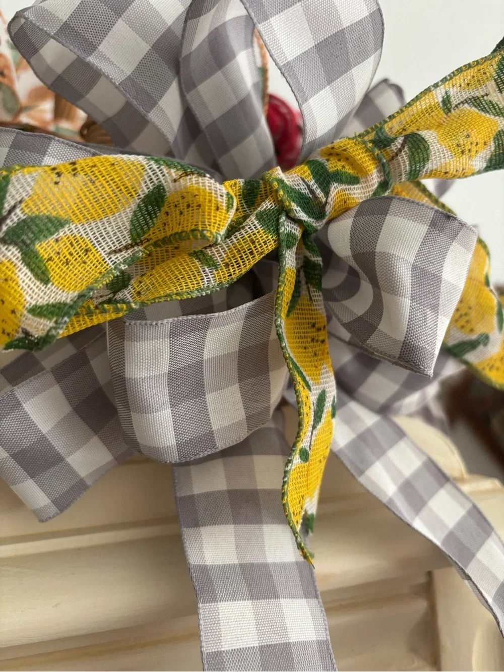 Gray Bow Country Wreath Gingham Lemon DIY Ribbon Bow - Hand Crafted Final Sale